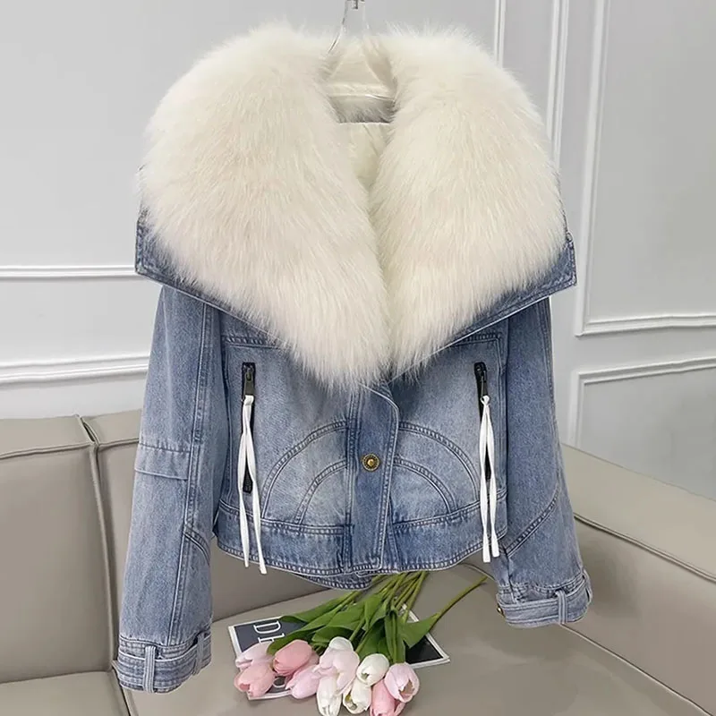 New Winter Imitation Fox Fur Big Fur Collar Denim Jacket Short Casual Down Cotton Lining Base Coat Women Warm Parka Outerwear