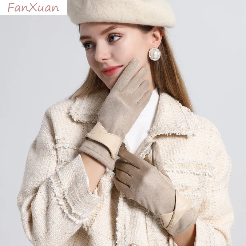 women winter gloves suede fabric faux leather bowknot solid color touch screen