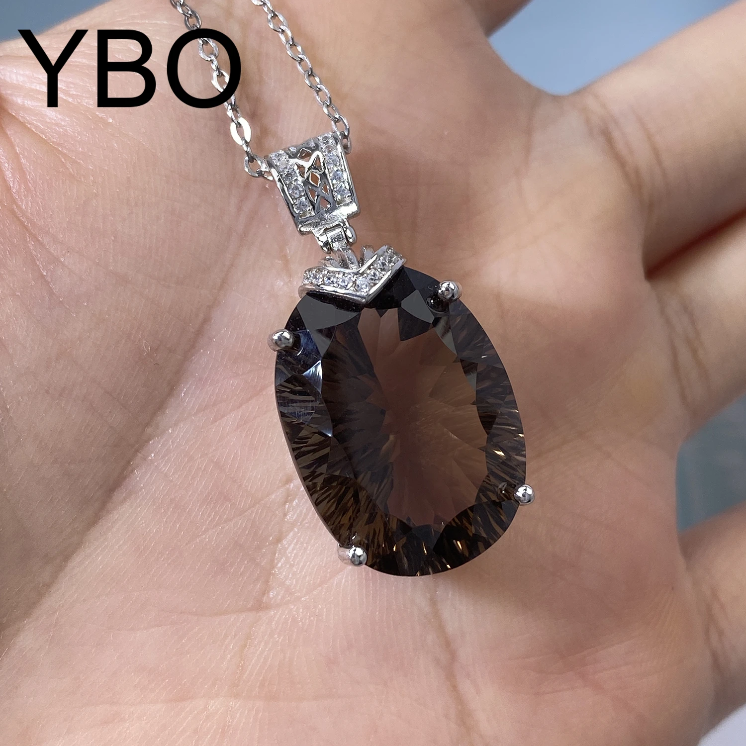 

YBO Women's Big Gemstones Necklaces 925 Sterling Silver Natural Smoky Quartz Fine Jewelry Dating Party Clavicle Chains Jewels