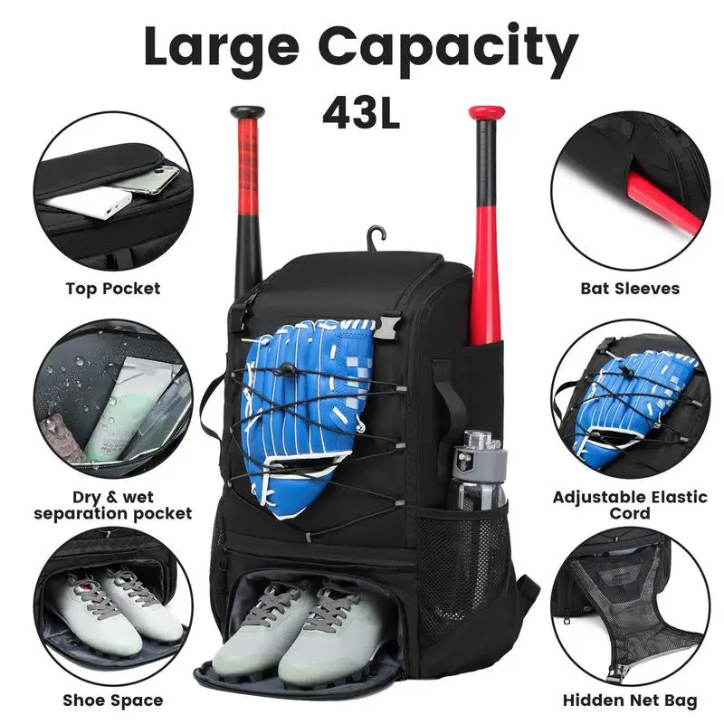 Large Capacity Baseball Equipment Bag Youth Baseball Backpack Softball Bat Bag With Shoe Compartment Fence Hook Helmets Gear