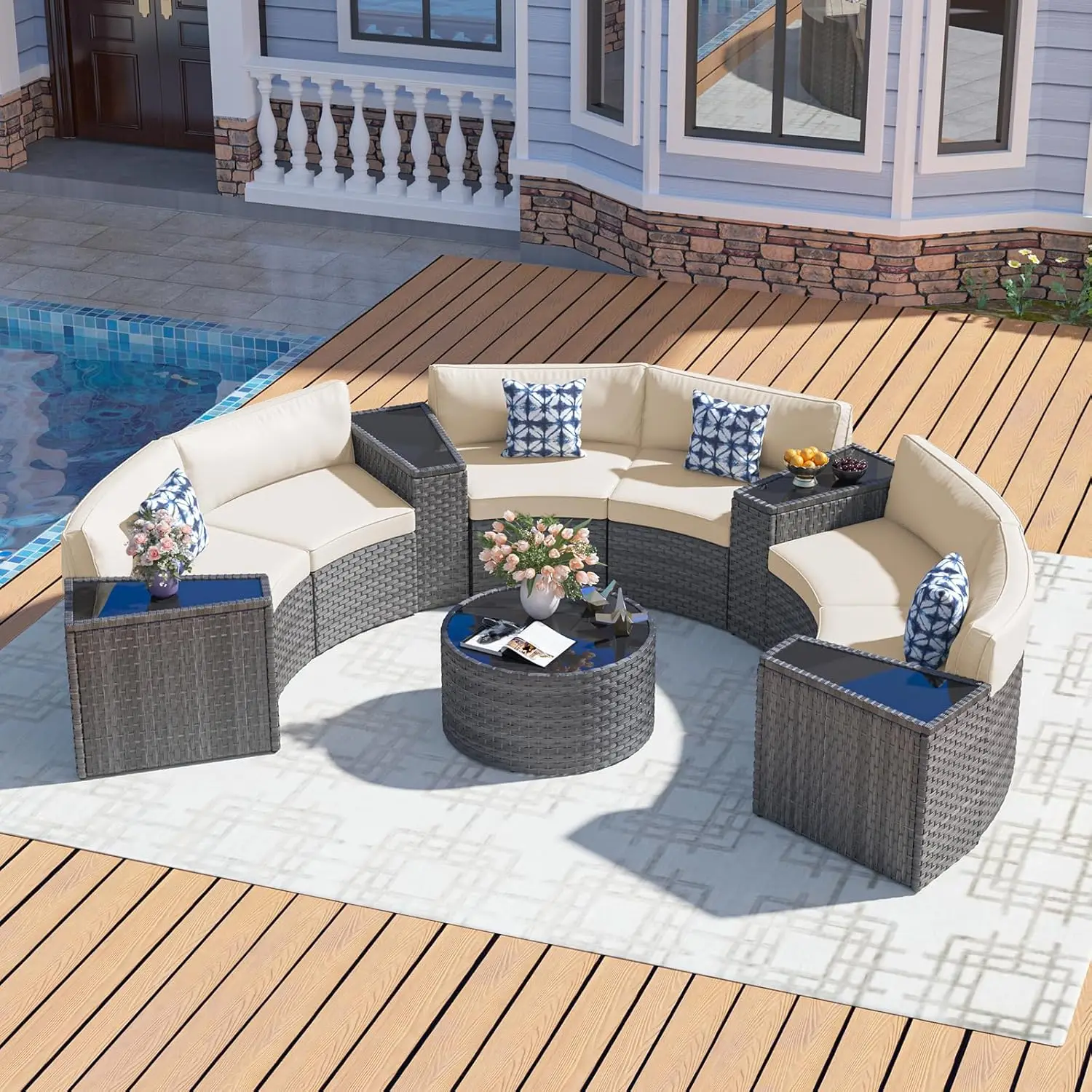 

Outdoor Patio Furniture Set with Coffee Table,11 Pieces Half-Moon Curved Outdoor Sectional Sofa and Side Table Waterproof Cover