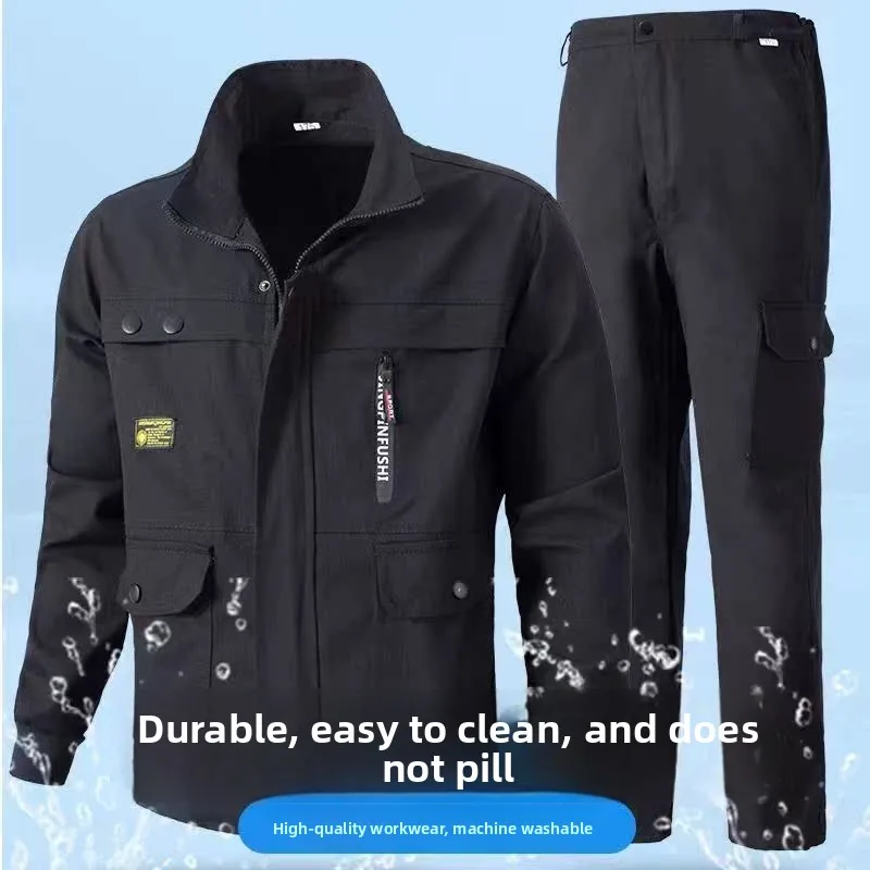 طقم ملابس عمل من القطن الخالص للرجال، مقاوم للحرارة ومضاد للتآكل، مناسب للحام والبناء والورش، للربيع والخريف