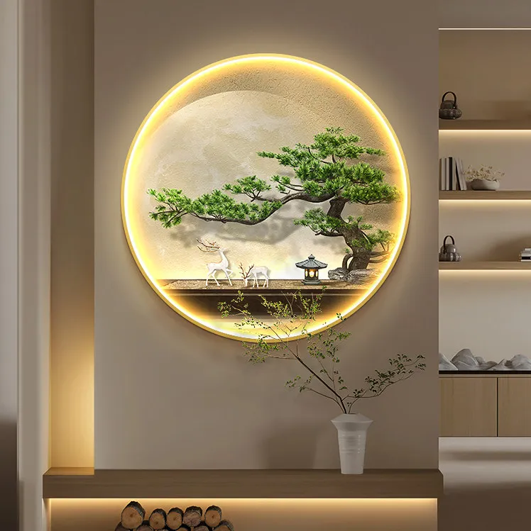 New Chinese style decoration for the entrance of the welcoming pine gate, featuring deer trees, paintings, door murals, and ligh
