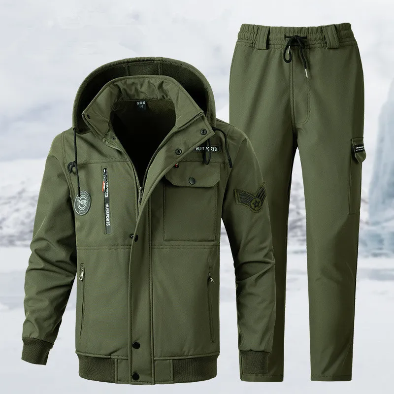 Men's Fleece Lined Thickened Autumn Winter Workwear Camouflage Jacket Pants Set Warm Resistant to Dirt And Wear for Labor Protec