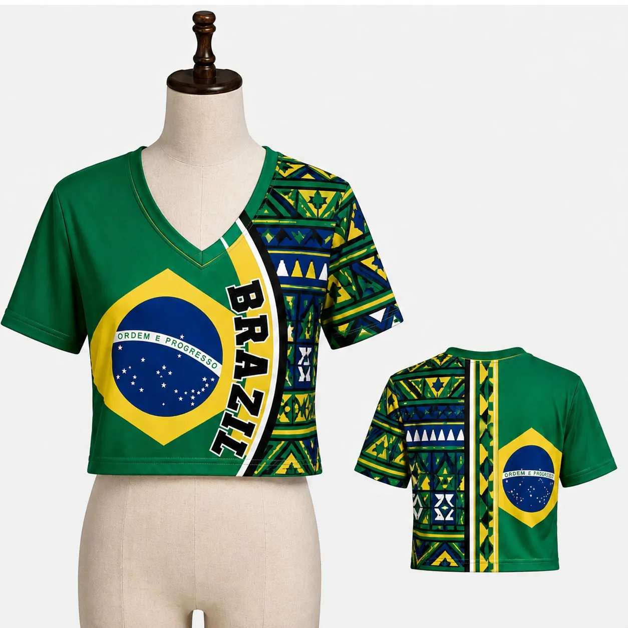 Womens Brazil V Neck Short Sleeve Crop Top Flag Geometric Design Casual Summer Shirt for Street Travel Holiday and Everyday Wear
