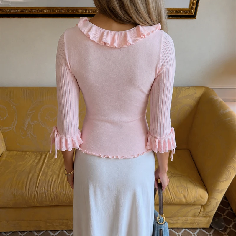 TARUXY Rüschen-Strickpullover für Damen mit Schleife und V-Ausschnitt, einfarbig, schmal geschnitten, für Pendler, Sommer, neu, Party- und Urlaubs-Oberteil – Detail 30