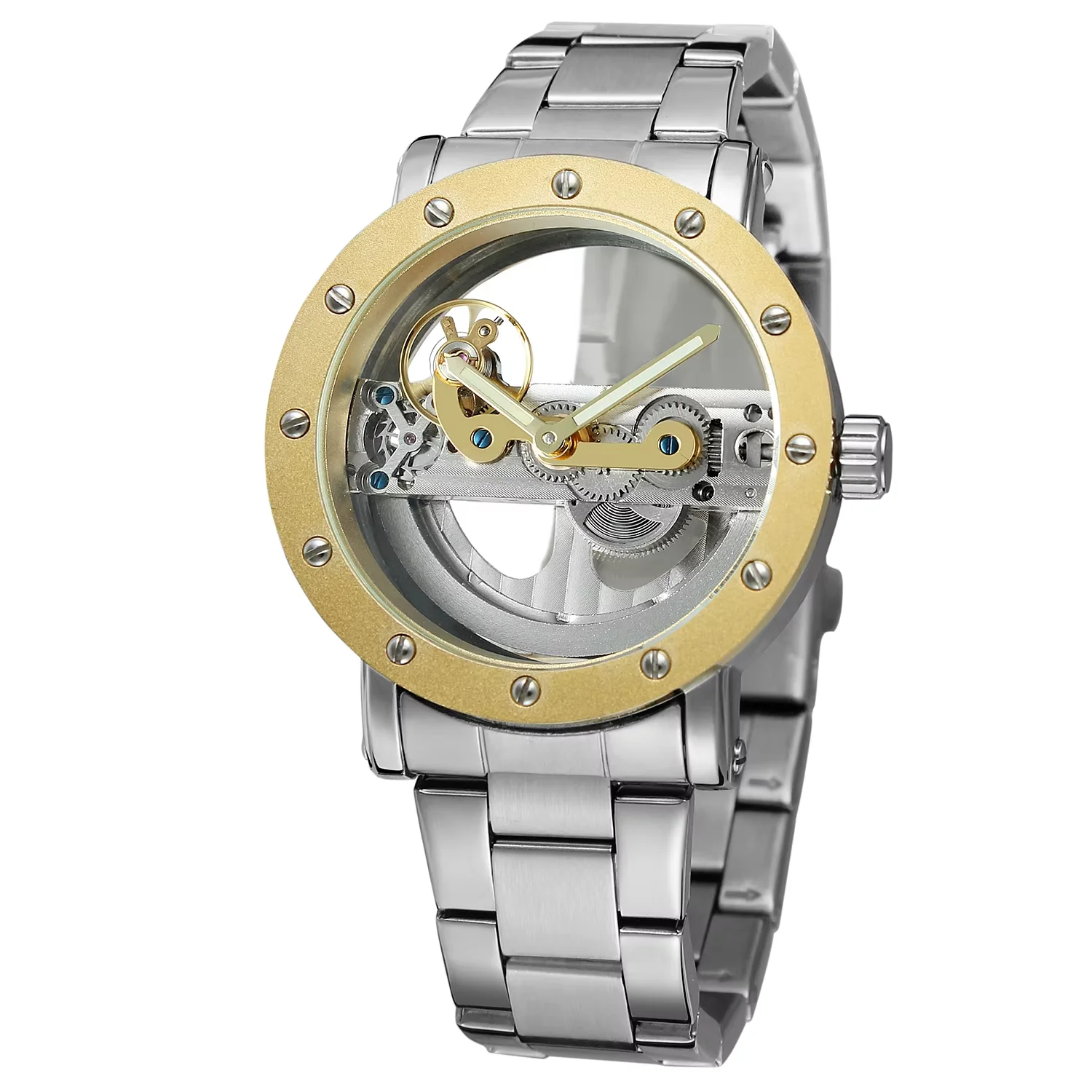 

FORSINING Gold mechanical Watch Circular nail scale steel band Watch casual fashion hollow horizontal men's mechanical watch