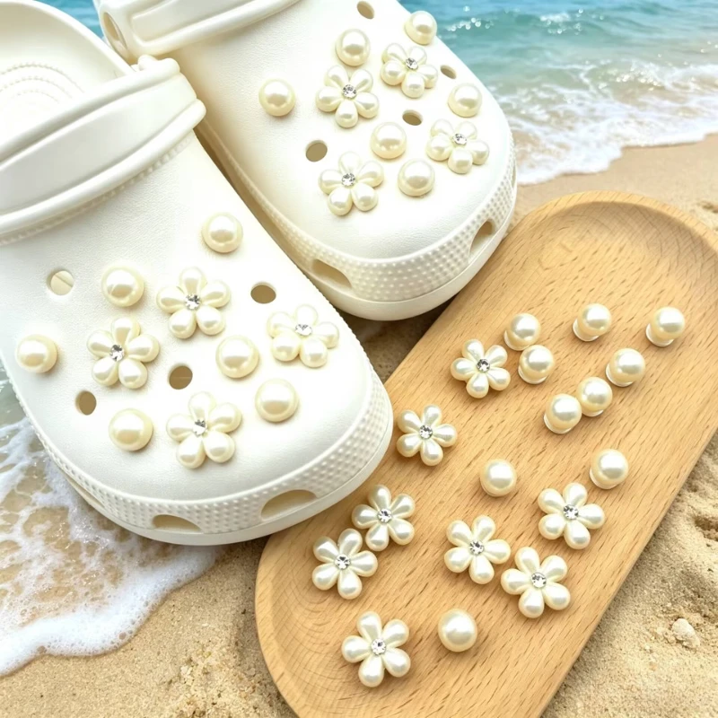 20PCS Pearl Daisy Shoe Charms 3D Hole Shoe Buckle Decor Summer Fashion Accessories Cute Party Gift Decors Ornament