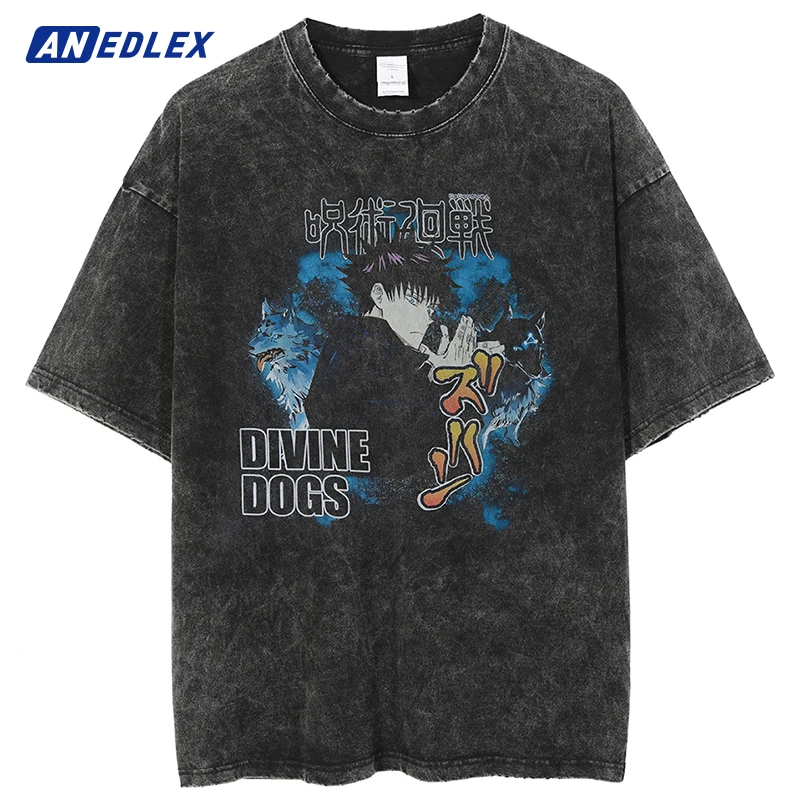 

Hip Hop Streetwear Washed Oversize Tshirt Jujutsu Kaisen Print T Shirt Men 2022 Harajuku Cartoon Loose Short Sleeve T-Shirt