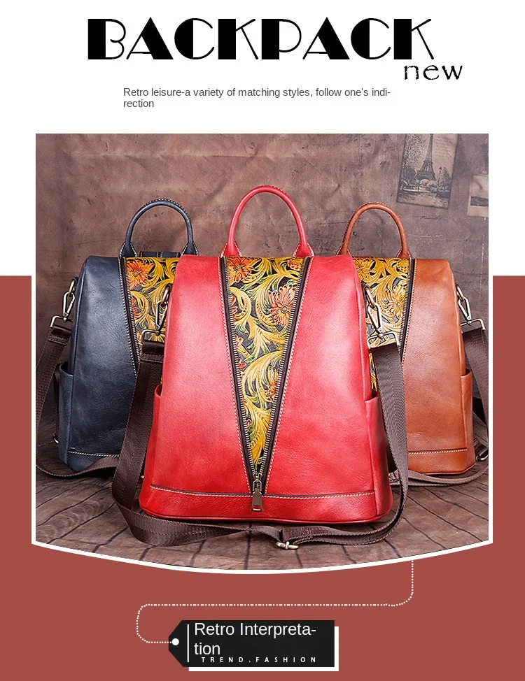 2024 new Chinese fashion personality women's bag retro first layer cowhide large capacity leather carved shoulder handbag E610