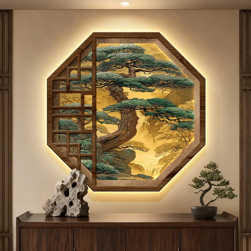 Song Dynasty aesthetic welcome pine entrance decorative painting landscape corridor aisle hanging painting octagonal tea room en