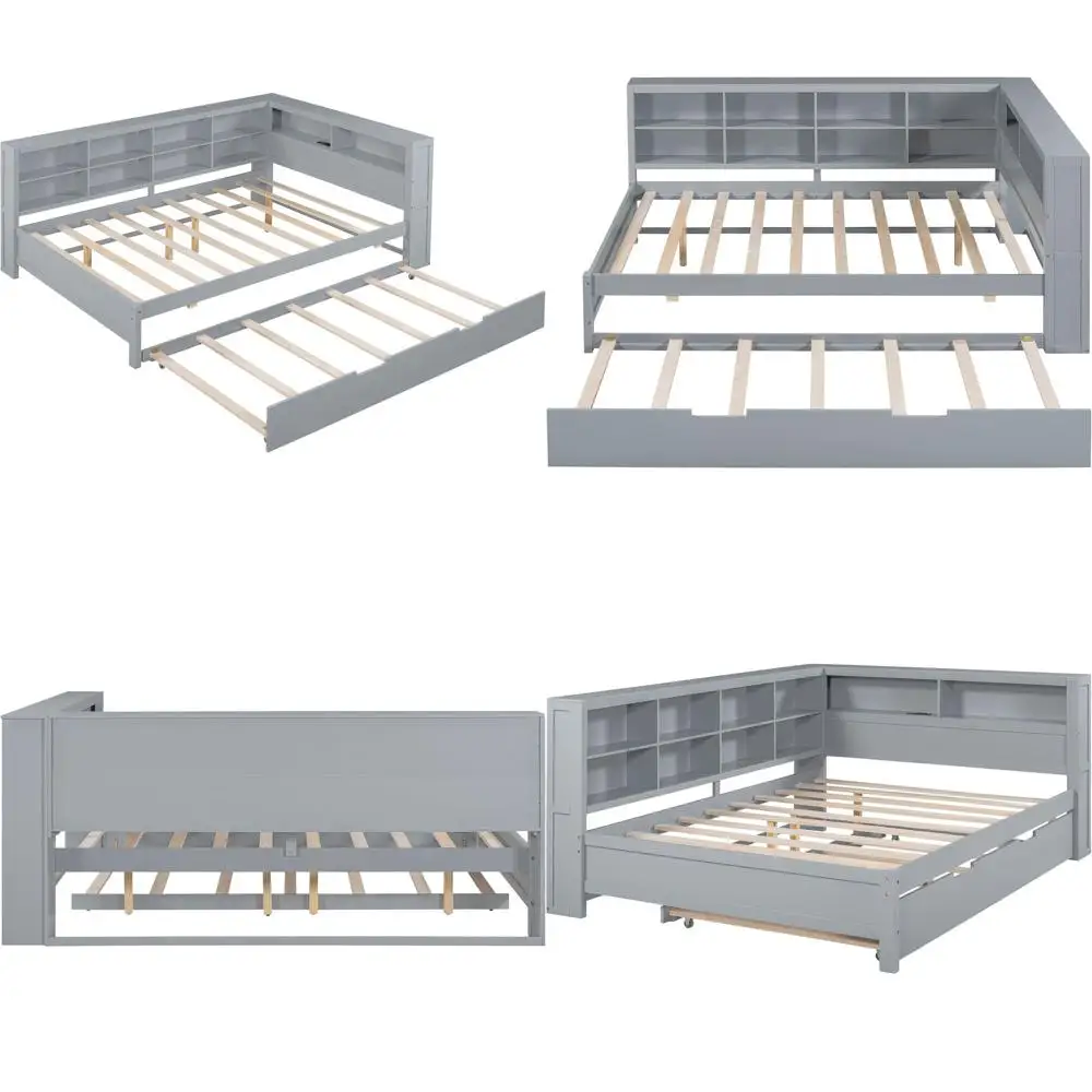 

Серая угловая кушетка-трансформер с местом для хранения, выдвижным спальным местом и зарядными станциями для детей и взрослых