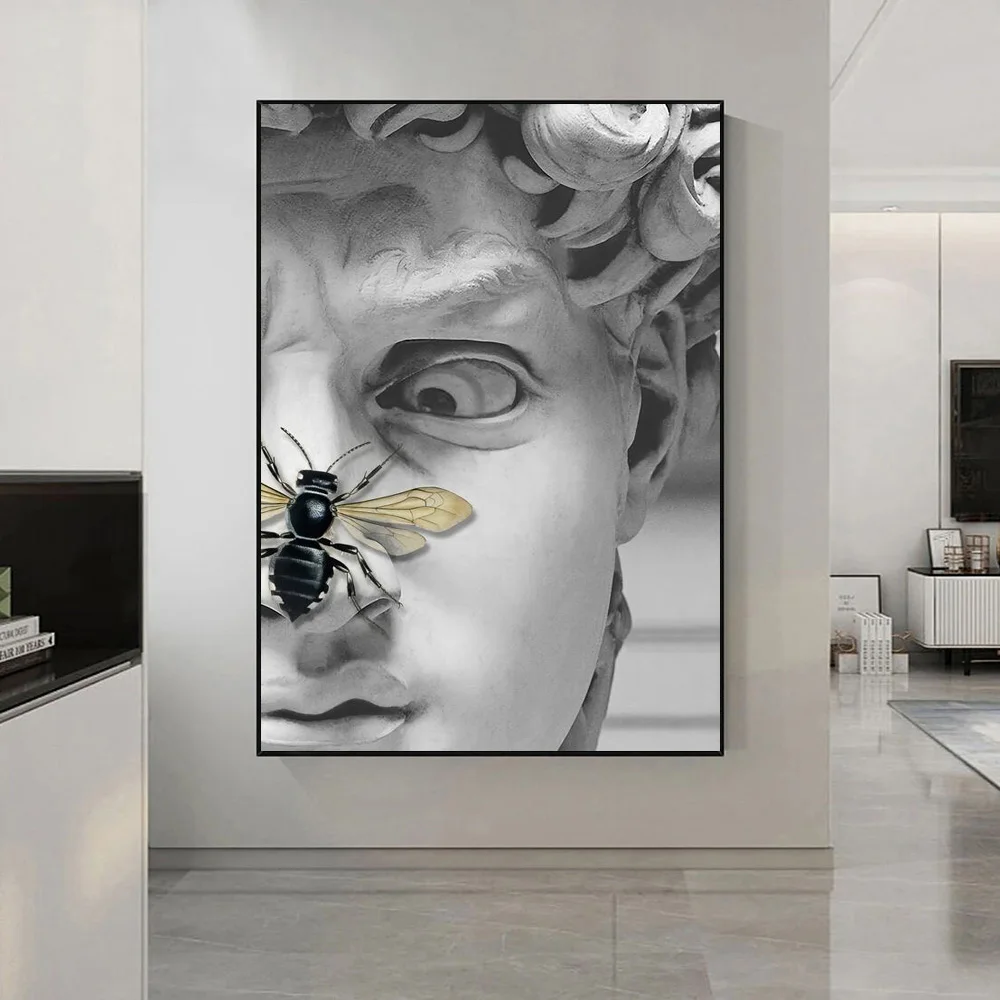 

Funny David Statue Canvas Art Bee On Gray Sculpture Nose Home Decor Wall Painting Posters For Living Room Mural Pictures