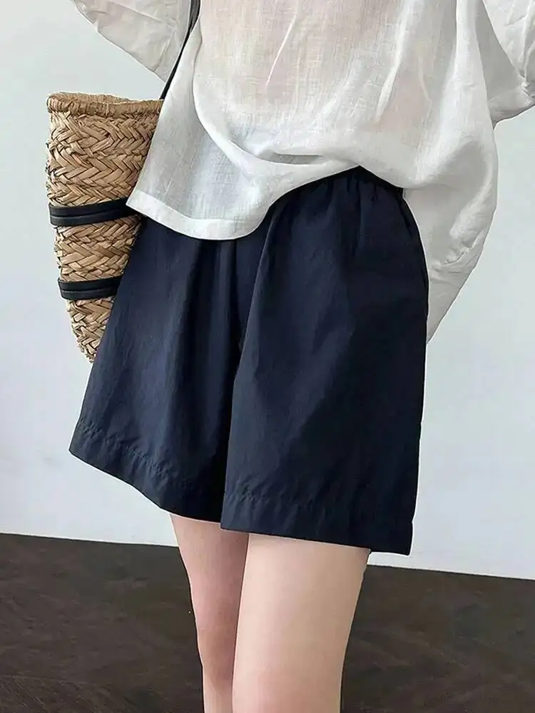 

Женские темно-синие тонкие повседневные широкие шорты с карманами, новые брюки с высокой талией, модные весенне-летние брюки