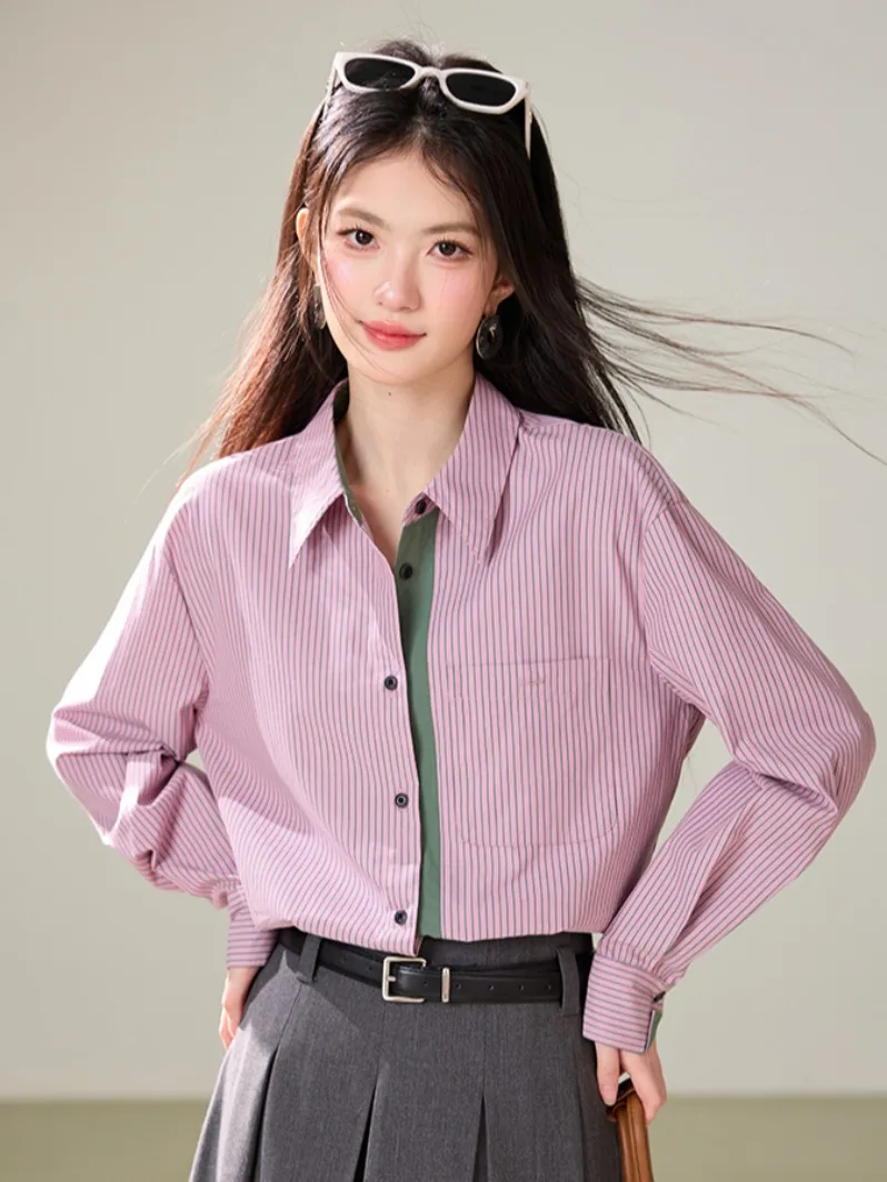 Loose Fit Women's Long Sleeve  Collar Striped Shirt Spring Autumn 2026 New Korean Style Outerwear Top Casual Shirt