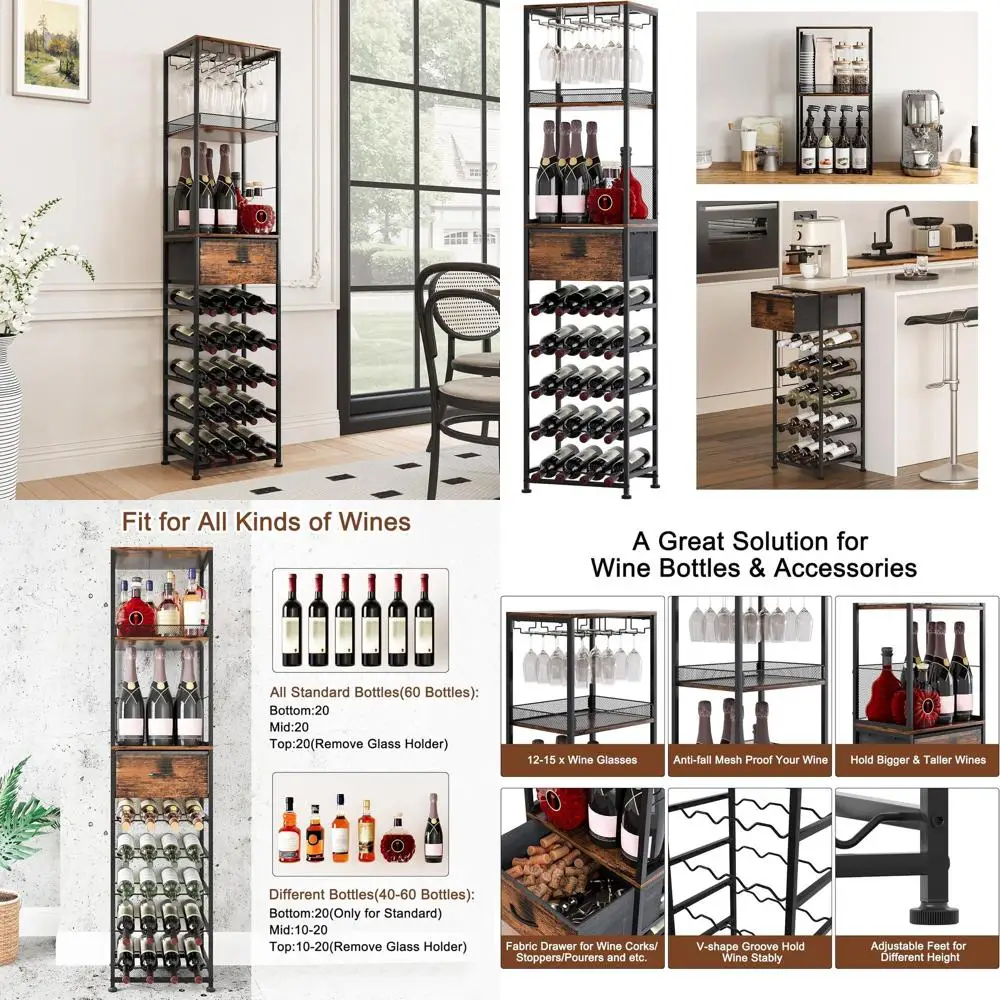 

Отдельно стоящая модульная винная полка на 40 бутылок с держателем для стекла и регулируемыми ножками для домашнего бара, черный античный стиль