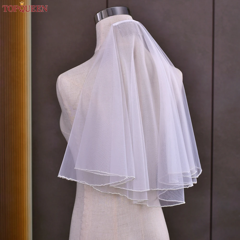 TOPQUEEN V173 Wedding Veil Shoulder Length Veil 2 Layers with Comb Blusher Bridal Veils Pearls Edge Dress Veil for Bride