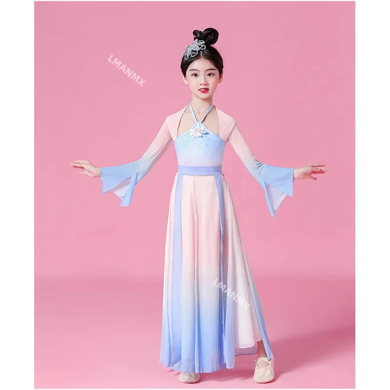 Hanfu ชุดจีนชุดคลาสสิกสำหรับเด็กชุดเต้นรำแบบมีร่มสำหรับเด็กผู้หญิงสไตล์พื้นเมือง