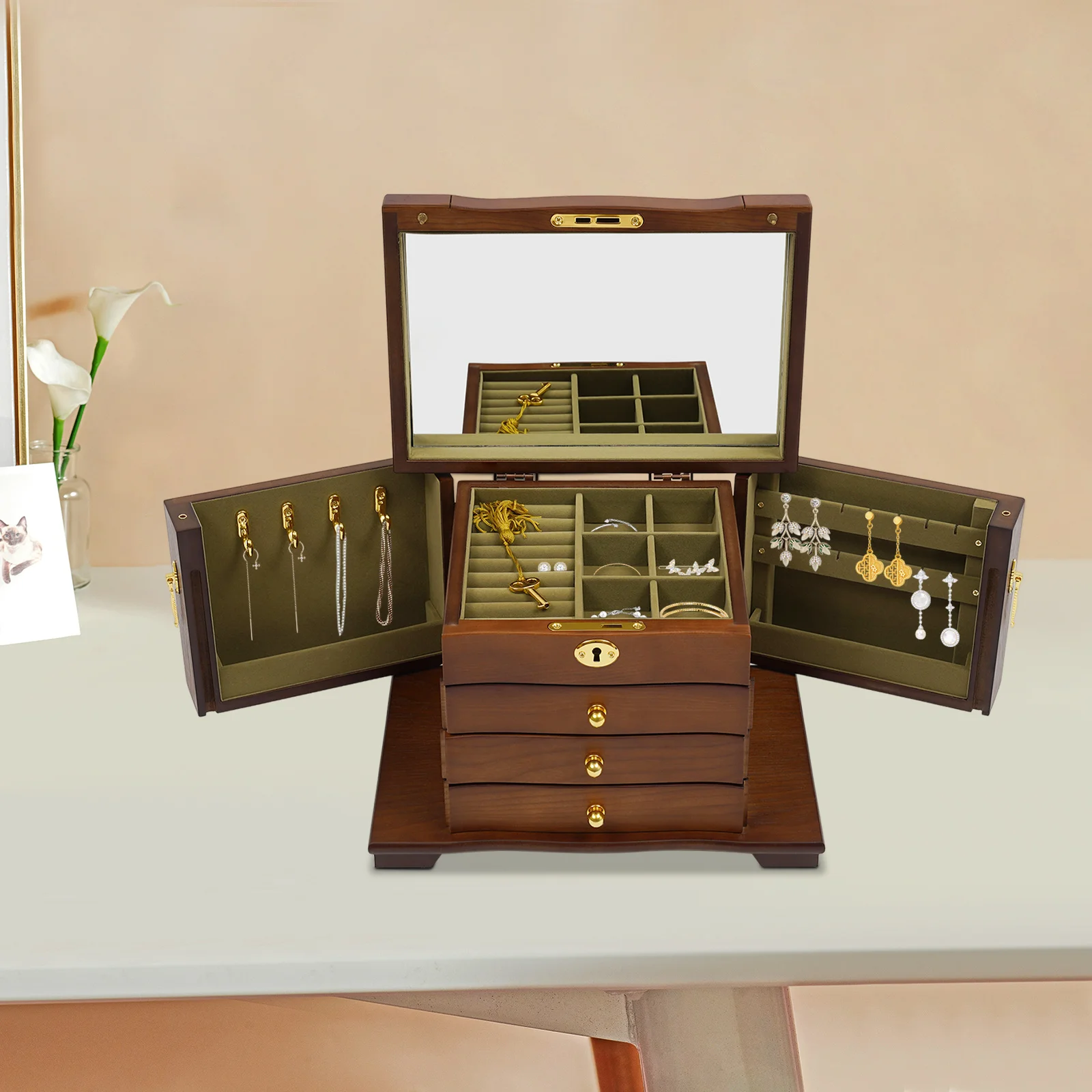 

4-слойный антикварный большой деревянный органайзер для ювелирных изделий, коробка для хранения ожерелья, часов, колец