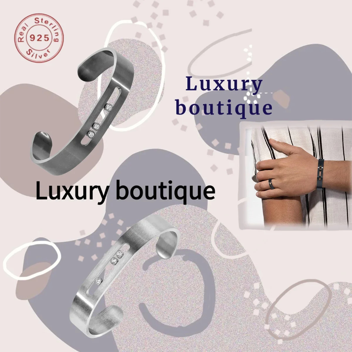 

Pure silver S925 bracelet with zircon smooth graphite titanium opening, men's luxurious and elegant couple's festival gift