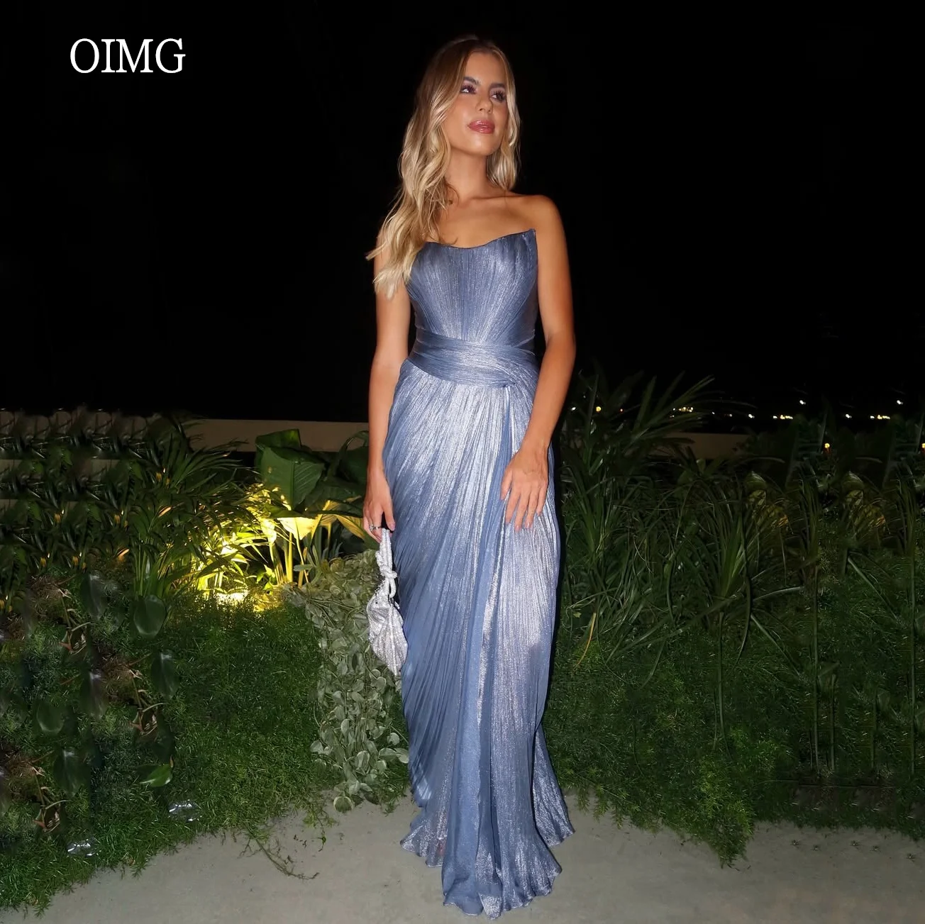 

OIMG Chic Blue Strapless Mermaid Prom Gowns Backless Silk Pleated Party Gown Shiny Floor Length Evening Dress Customized