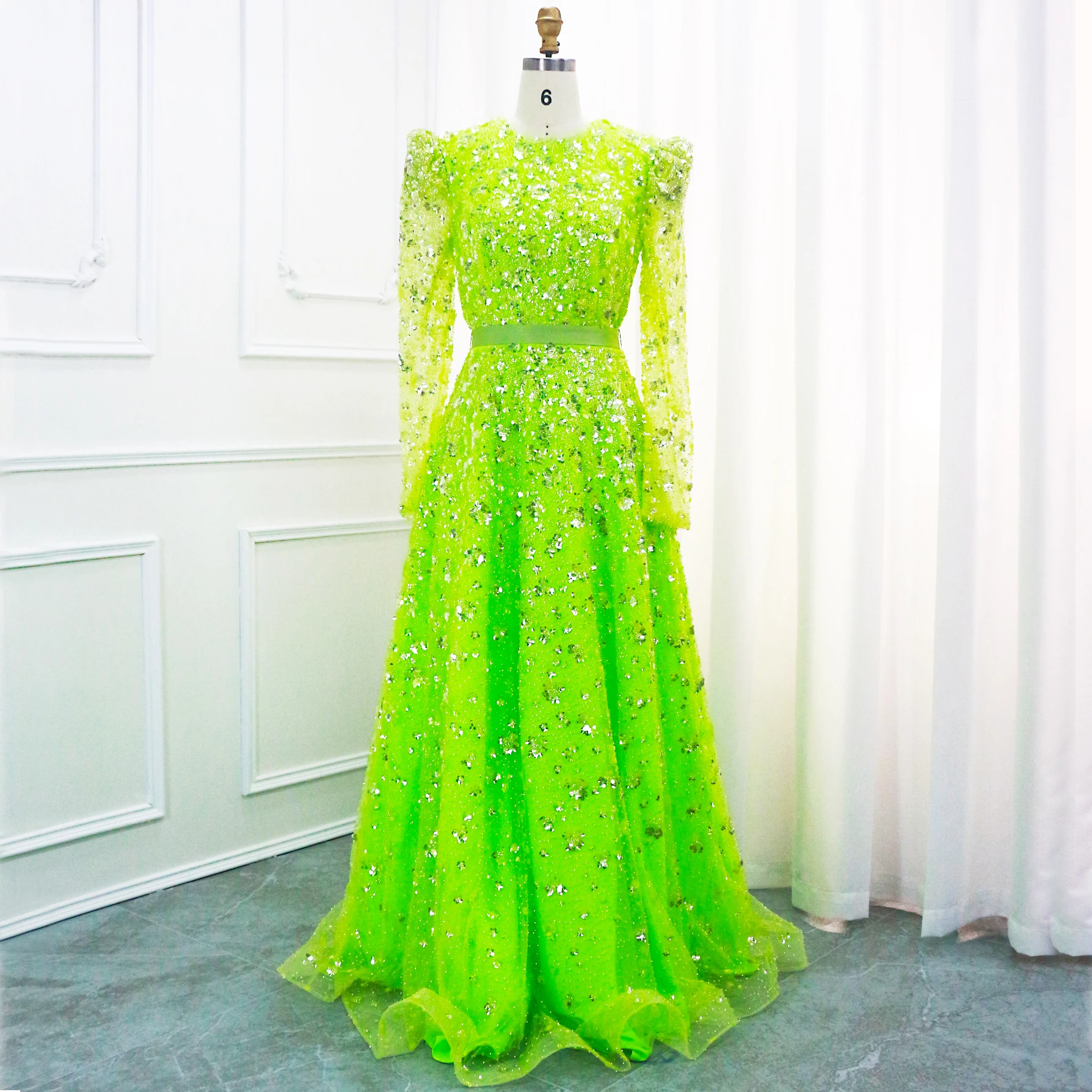 Hot Sale Muslim Green A Line Evening Dresses Luxury Sleeves Beaded Prom Formal Gowns 2024 For Women Party with Best Price