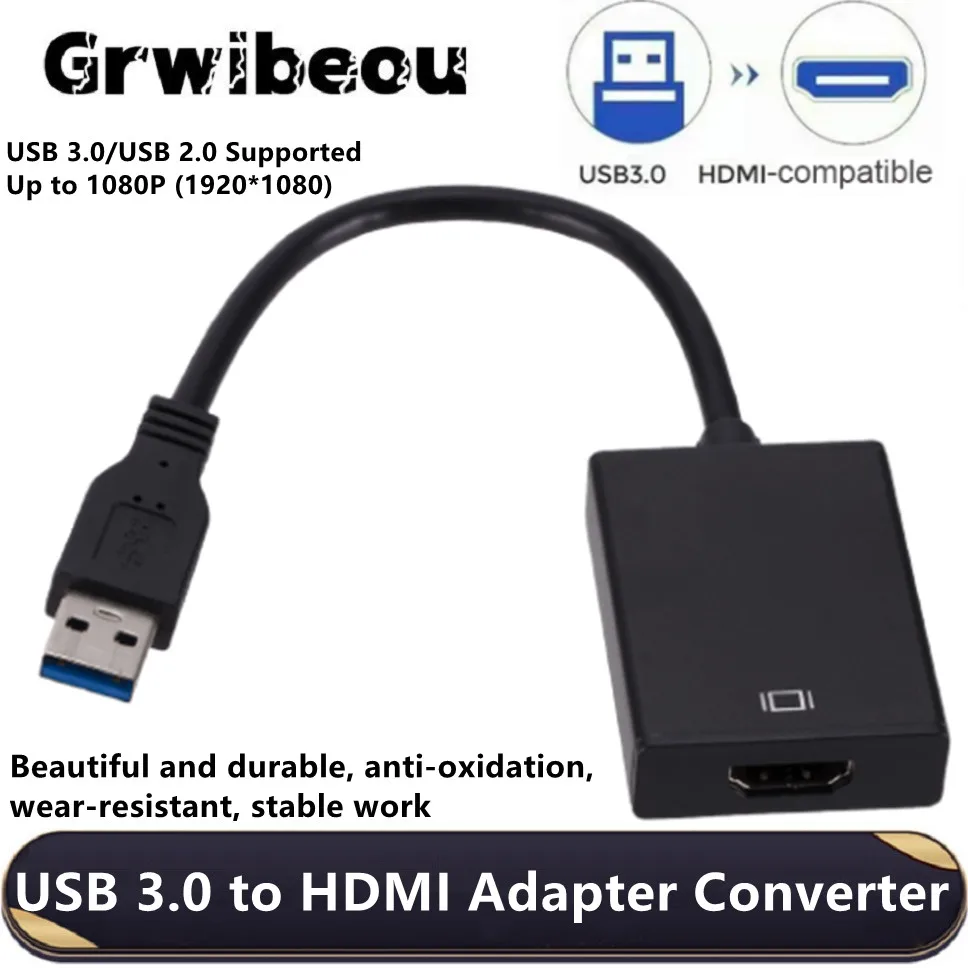 USB 3.0 to HDMI Adapter 1080P USB 3.0 to HDMI Video Graphics Cable Converter for Projector HDTV PC Laptop Windows XP 7/8/8.1/10