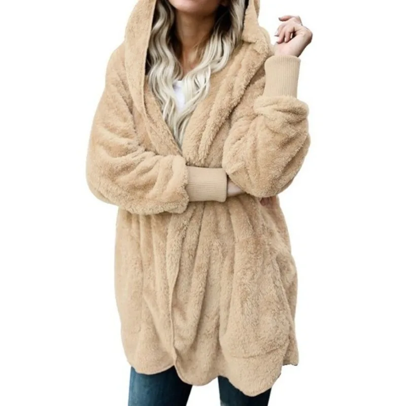 Autumn and Winter Women's Cardigan Solid Flocking Hooded Screw Thread Long Sleeved Mid Length Coat Fashion Casual Loose Tops