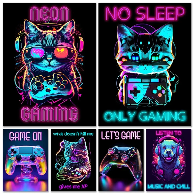 Gaming Neon Playboy Poster Canvas Paintings And Prints Neon Gaming Gaming Dogs Cats Home Room Wall Art Gaming Room Decor No Led