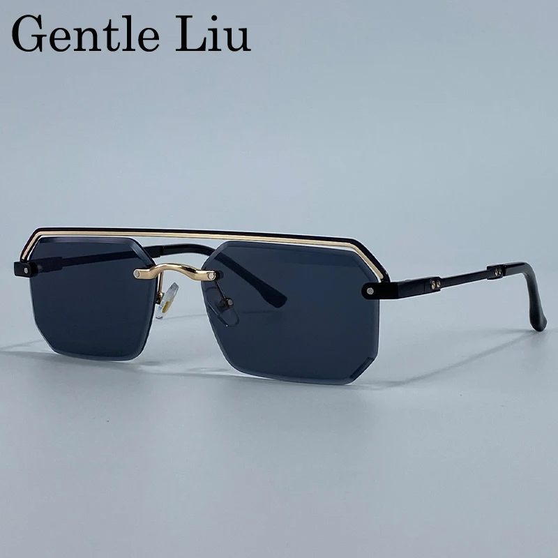 

Fashion Rimless Square Polygon Sunglasses Men 2025 Luxury Brand Punk Double Beam Sunglass For Male Classic UV400 Eyewear Shades