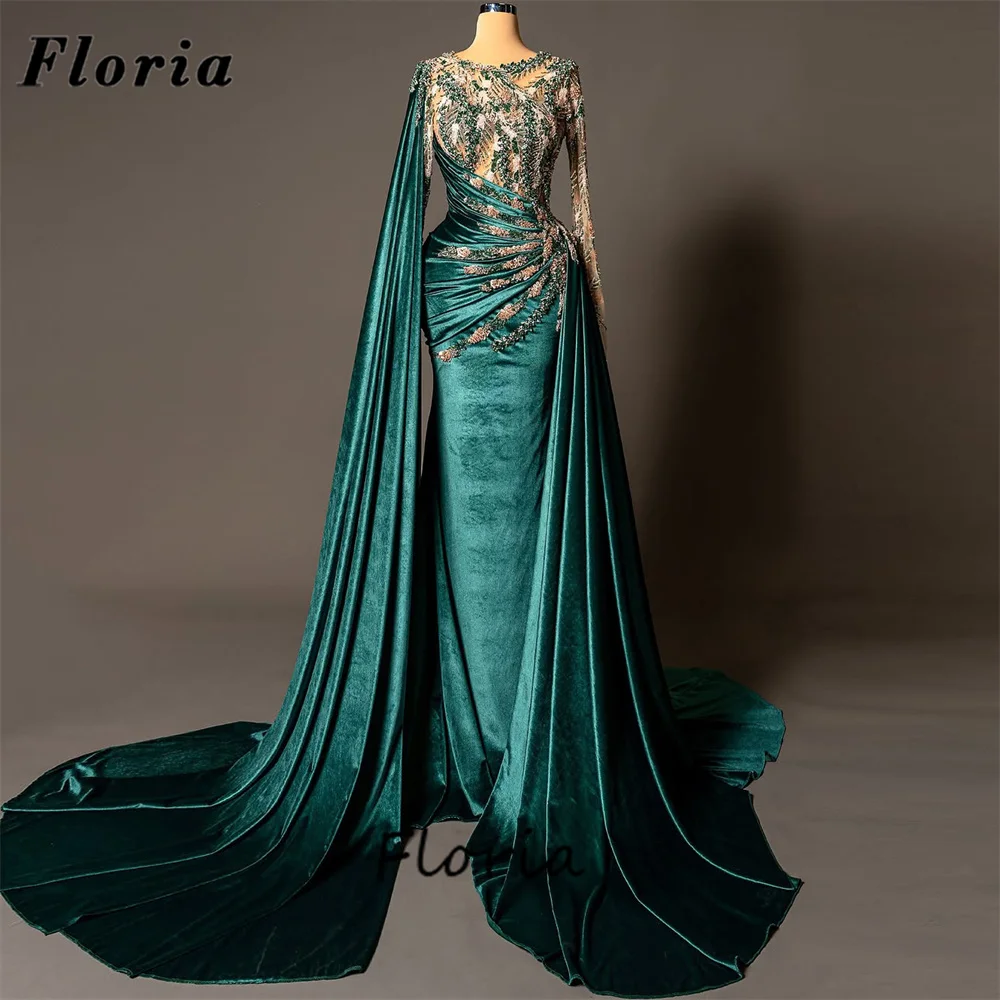 

Middle East Green Long Sleeve Prom Dresses Customized Beading Mermaid Velvet Evening Dress Robes De Soiree Wedding Party Gowns