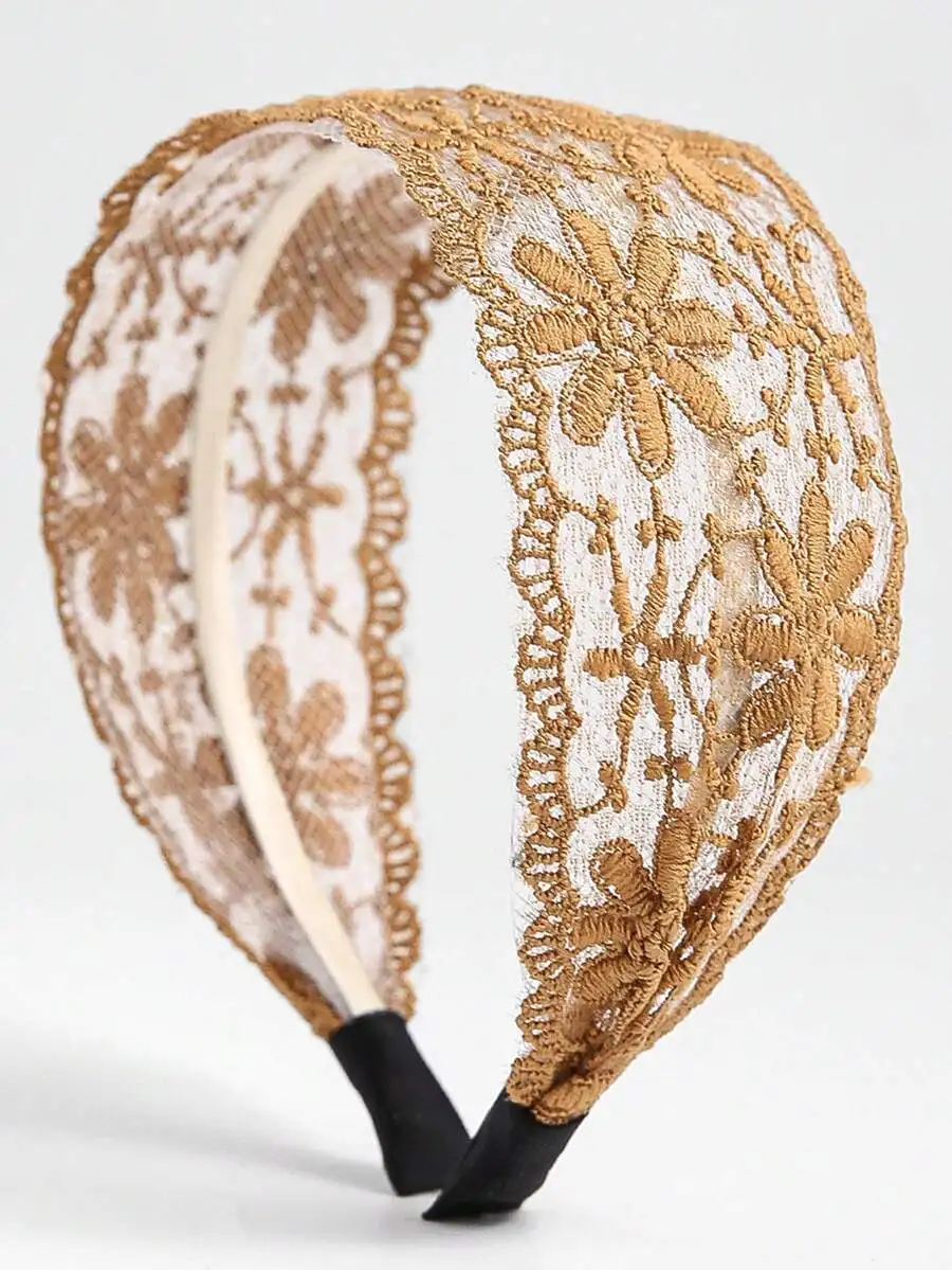 

Tan Floral Embroidered Lace Headband for Women and Girls, Elegant Hair Accessory