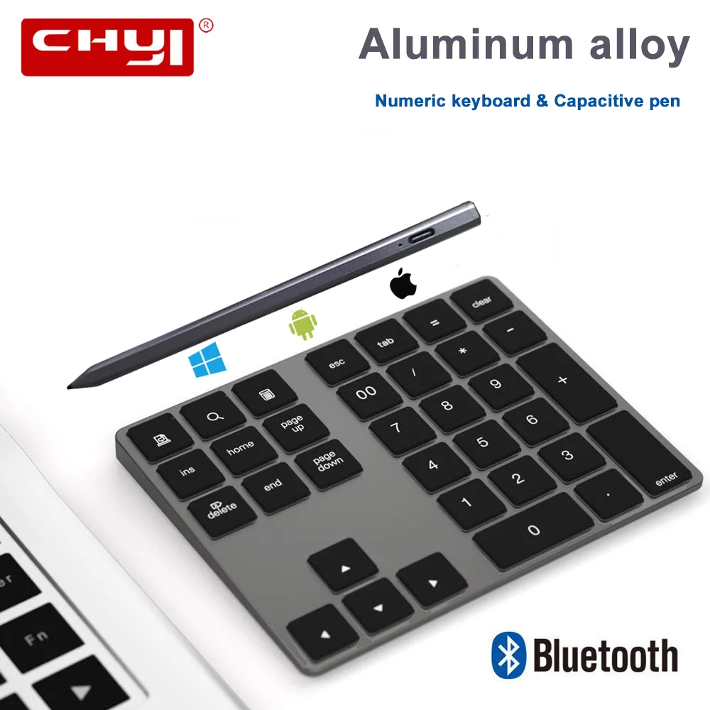 CHYI Wireless Bluetooth Numeric Keypad 34 Keys Rechargeable Digital Keyboard Accounting Aluminum Numpad for Laptop Mac PC Winwos