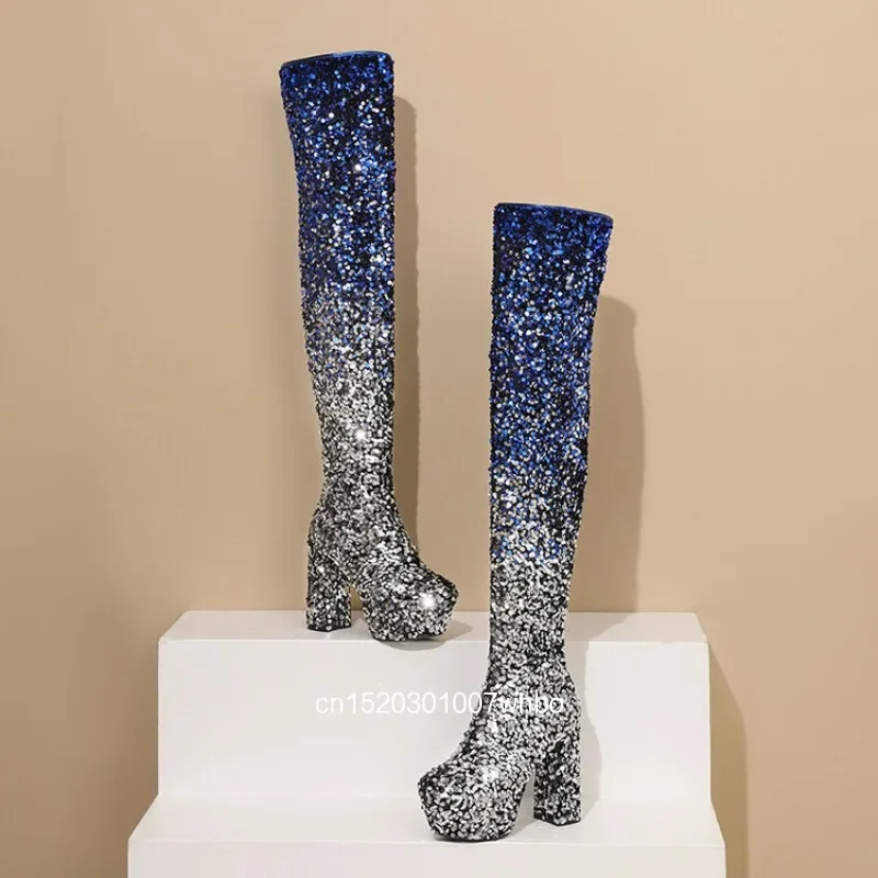 european-and-american-sexy-gradient-sequin-fabric-high-heels-side-zippers-knee-high-fashionable-boots-women's-thick-sole