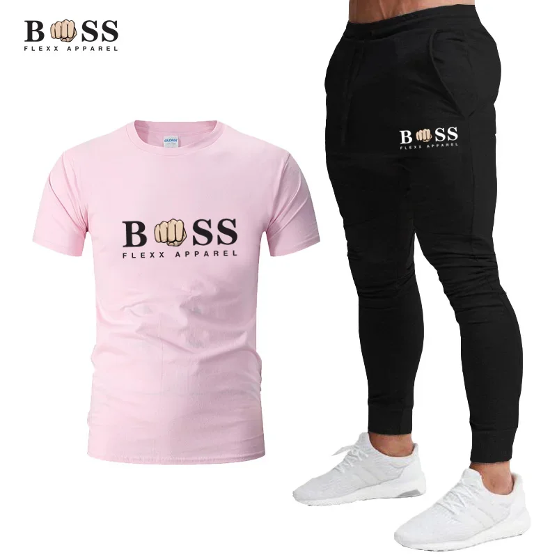 Hot Men\'s Tracksuit Two Pieces Sets Fitness Sport Suit Joggers Short Sleeve T Shirt+Trousers Men\'s breathable Casual Sportswear