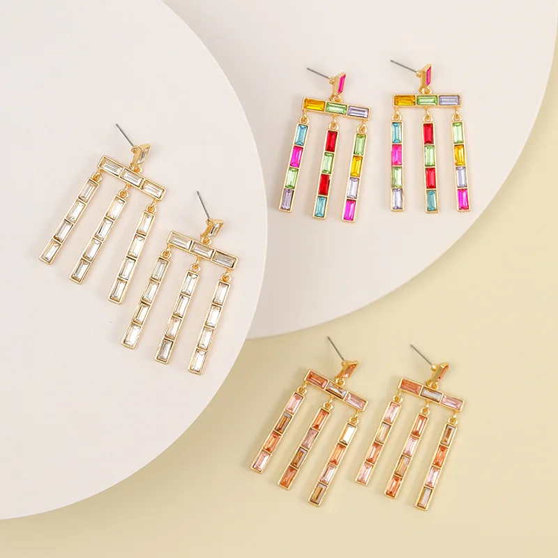 Time Creative Geometric Large Color Crystal Earrings Women's Tassel Fashion Versatile Catwalk Temperament Earrings