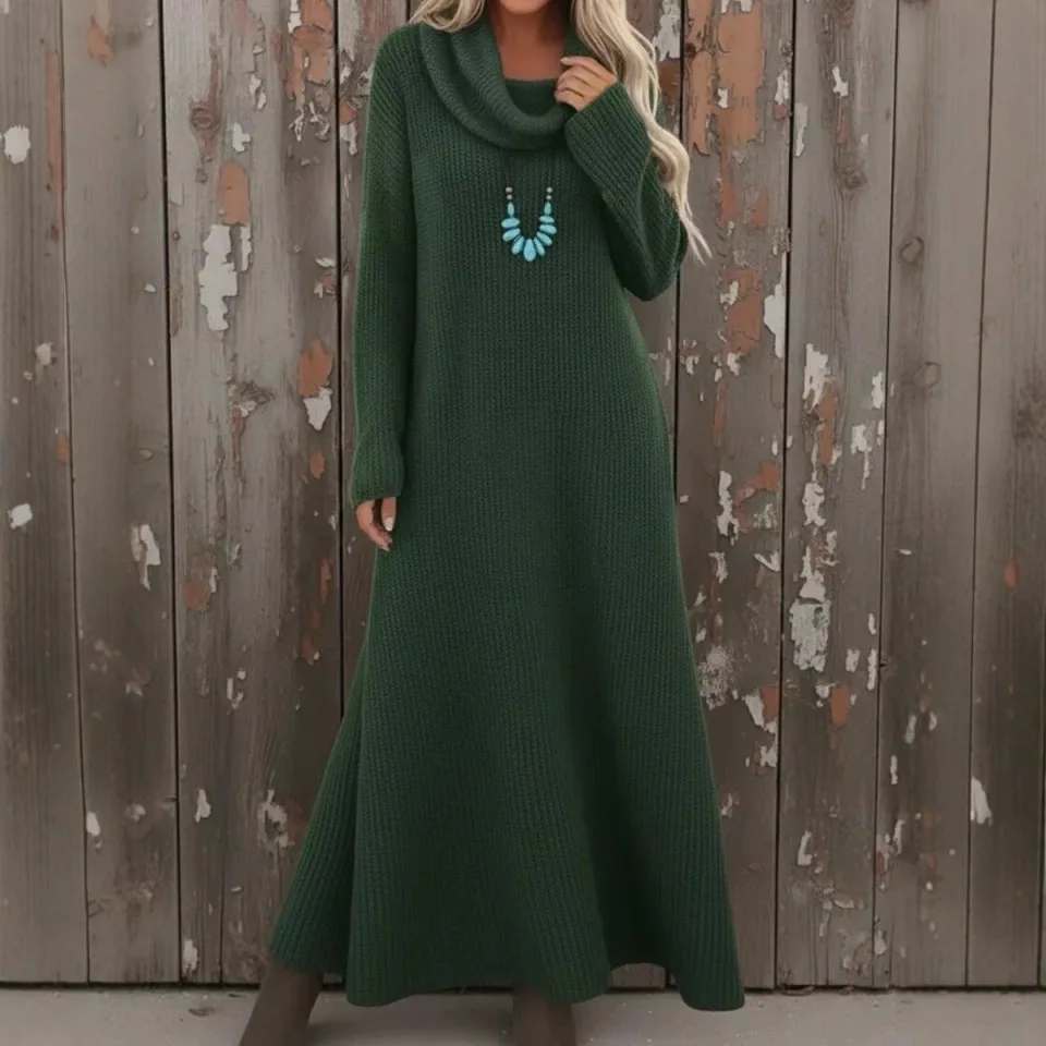 

2026 Cross-Border Amazon Long Sweater Over Knee Loose High Neck Knitted Women's Dress