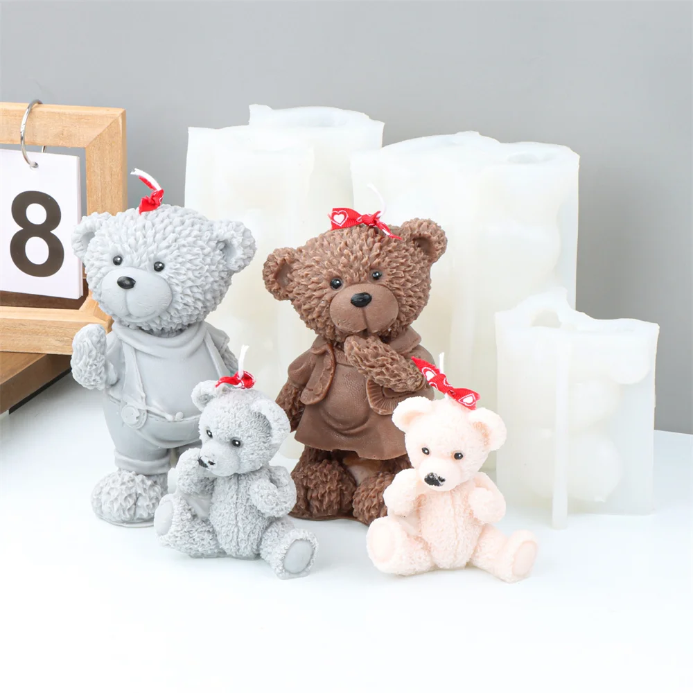 Family Teddy Bear Silicone Mold Craft Scented Candle Soap Plaster Bowtie Bear Family 3D Bears Animal decora