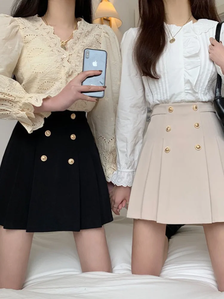 Chic Japan Girls Korea Style Cute Sweet Women Formal High Waist A LineDouble-Breasted Pleated Mini Short Skirts