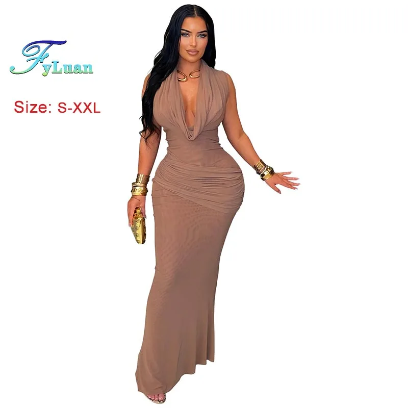 2025 neue Mode Damenbekleidung, figurbetontes Kleid, Temperament, ärmellos, tiefer V-Ausschnitt, langes Kleid, Schwarz, sexy Abendkleidung