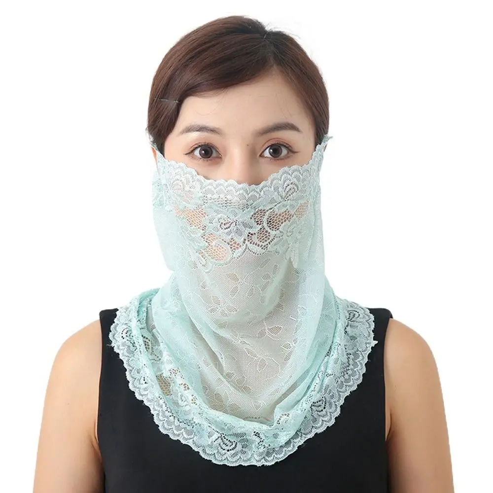 Face Shield บางผ้าพันคอขี่จักรยานกลางแจ้งสําหรับผู้หญิงแขวนหูกีฬาสีทึบหน้ากากลูกไม้หน้าปกผ้าพันคอคอผ้าพันคอใบหน้า