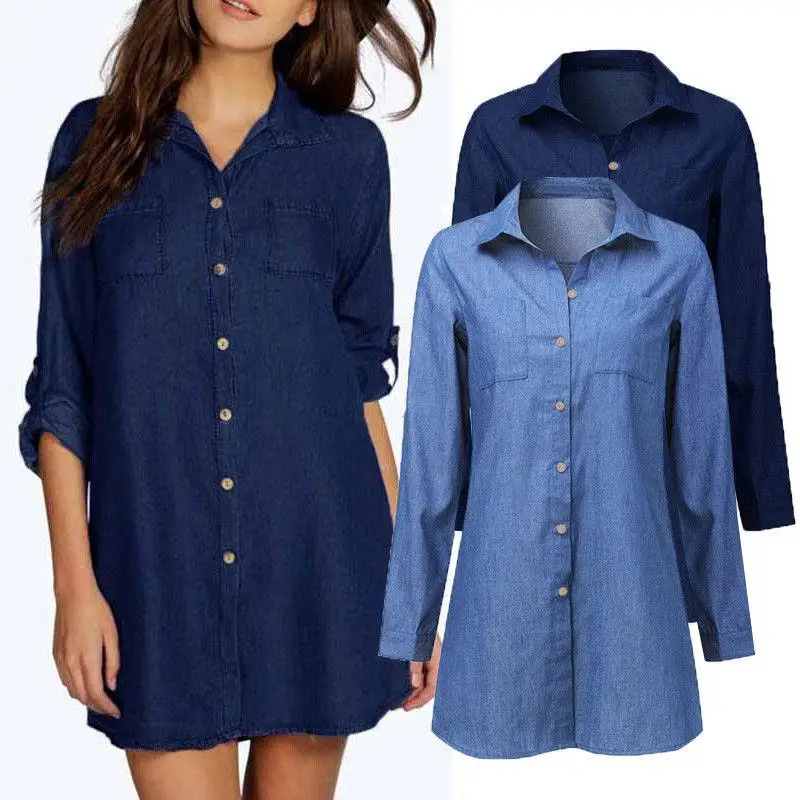 

Women's Exclusive Denim Shirt Casual Style Long Sleeve Pure Color Splicing Process Non-deformable Fabric Ladies' Shirt