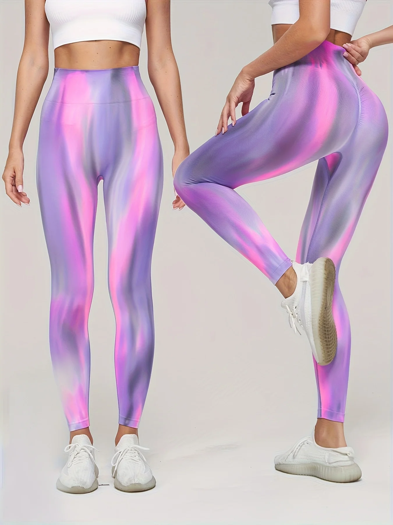 Women Macaron Tie‑Dye Gradient Print Fleece Lined Leggings Mid Waist High Stretch Fitness Yoga Pants
