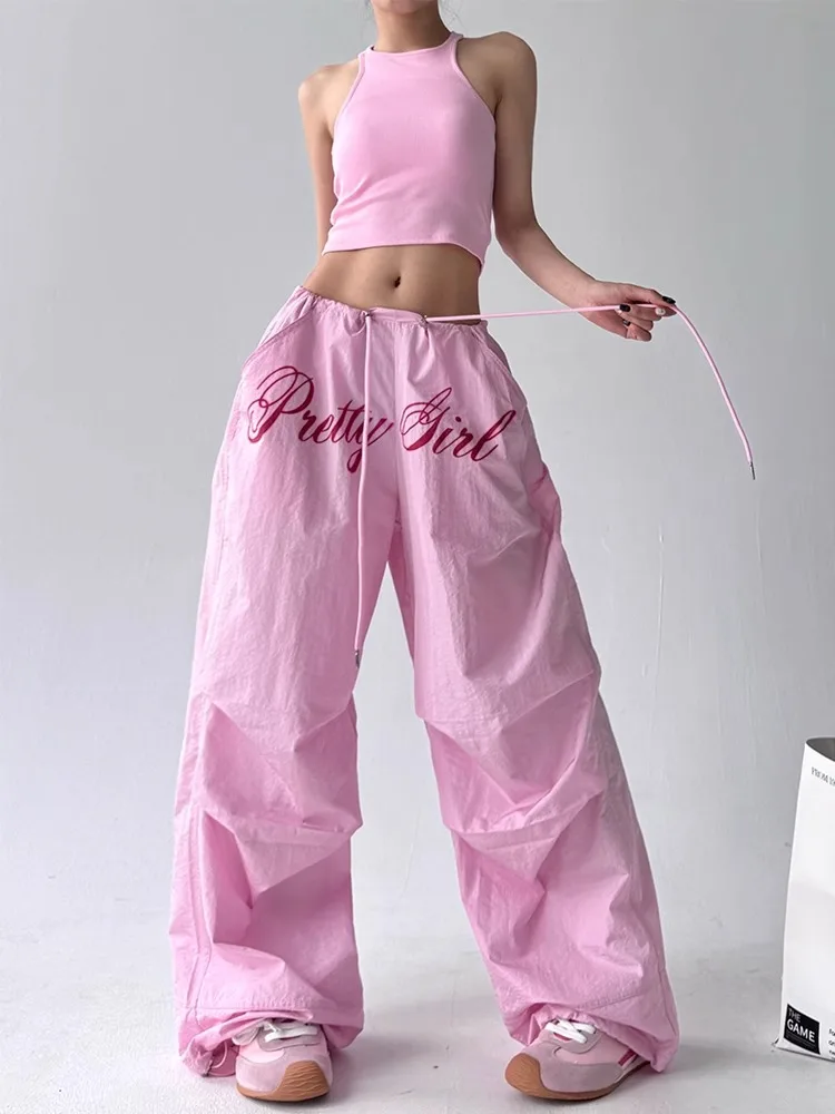 Pantalones Casuales Embroidered Casual Pants For Women's Loose And Comfortable Straight Elastic Waist Trousers Paratrooper Pants