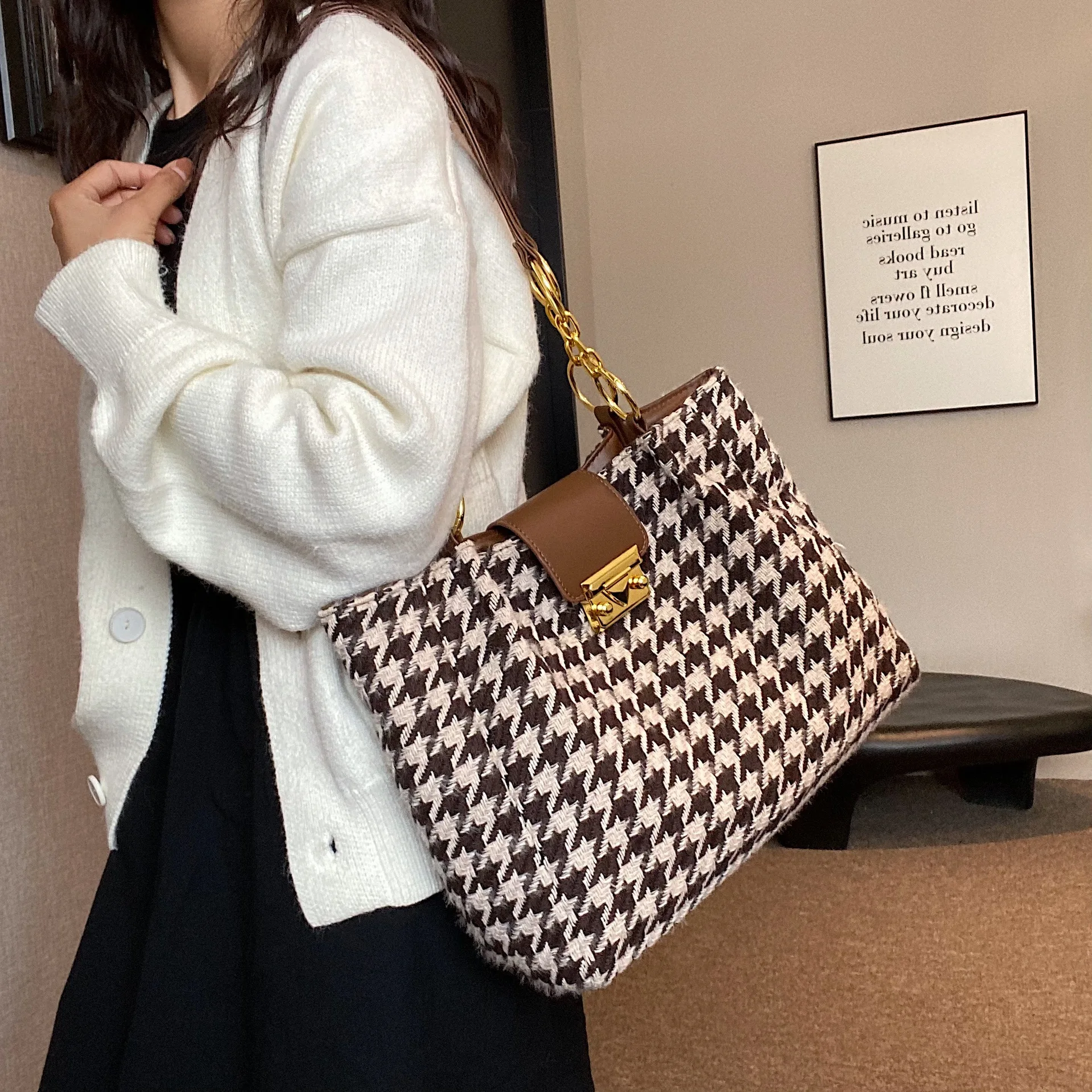 Big Houndstooth Tote Shoulder Bags for Women Handbags and Purses 2023 New Trendy Designer Large Shopping Bags High Quality