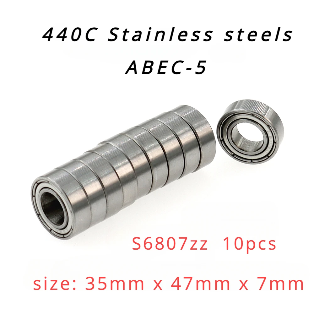 Veekaft High Performance 440C Stainless Steel ABEC-5 Deep Groove Ball Bearings - Pack of 10pcs S6807zz 35x47x7mm