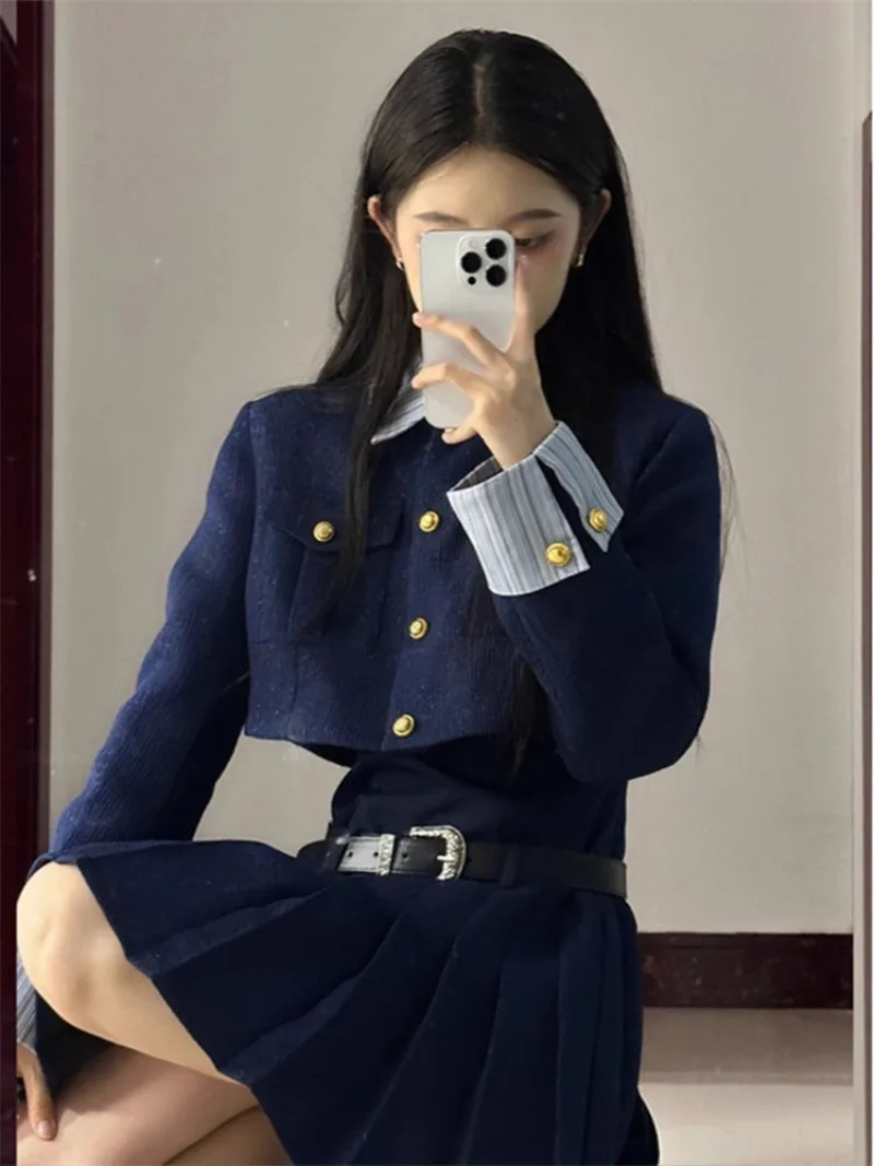 College Polo Neck Strip Patchwork Pleated Dress Jacket Two-piece Set Women Fashion Korean Temperament Artistic Slim Spring Suit