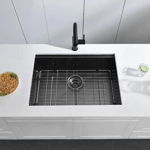 

27 Inch Black Stainless Steel Undermount Single Basin Sink 16 Gauge With Grid And Drain Assembly