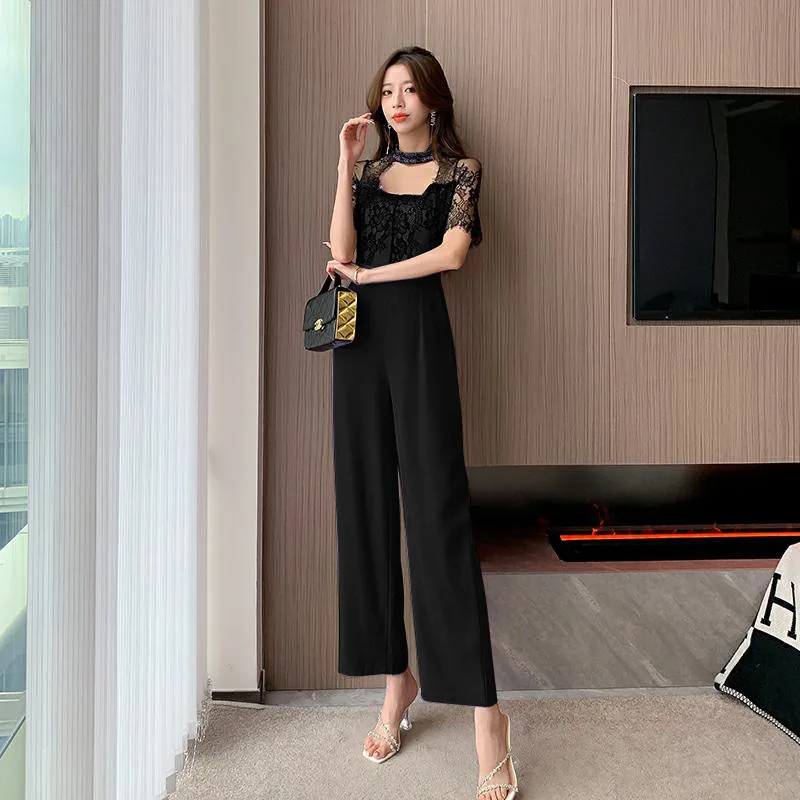 2023 Summer Women Fashion New Lace Panel Hollow out Slim Jumpsuit Pants Sexy Hole Skinny Long Pants Overalls Female