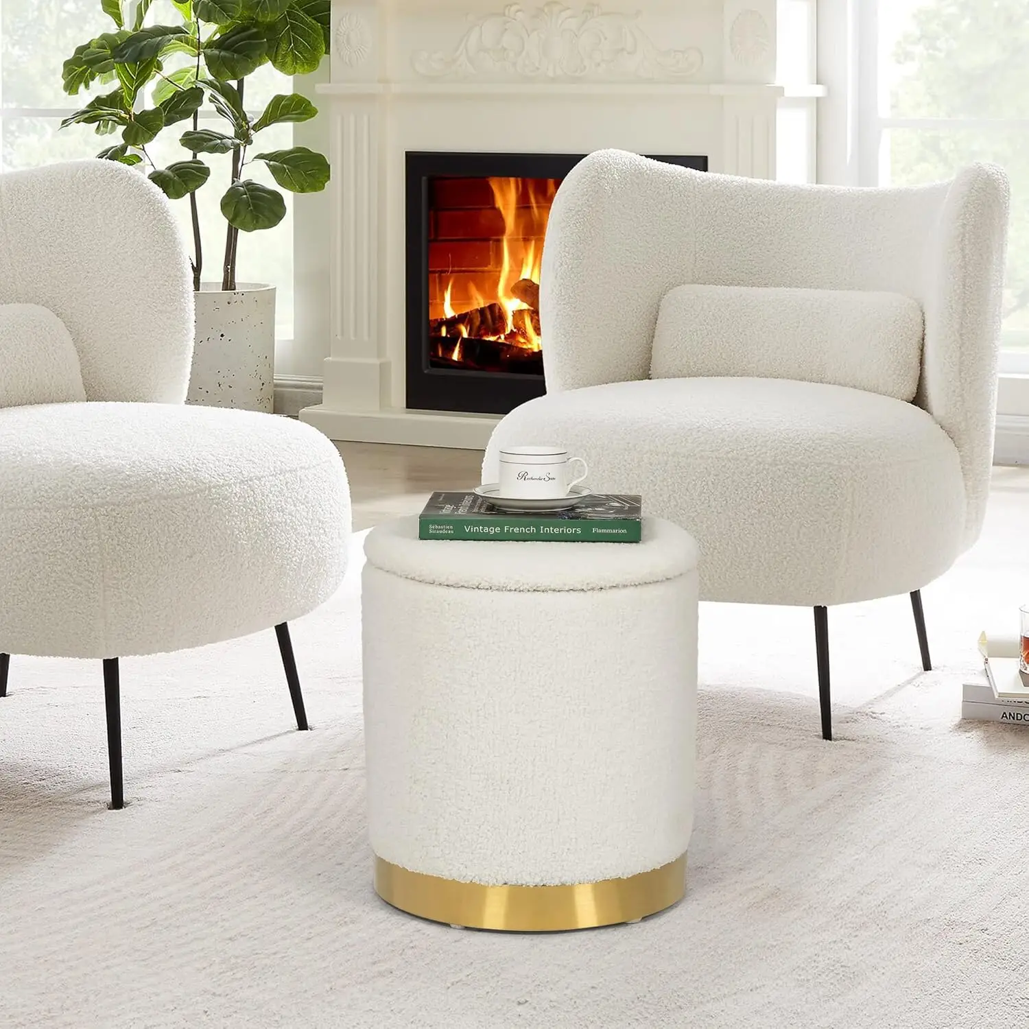 Boucle Round Storage Ottoman with Removable Lid,Foot Rest Vanity Stool with Gold Plating Base,for Dorm Living Room Bedroom,White